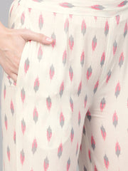 off white & pink floral printed kurta with ikkat printed pallazo & dupatta