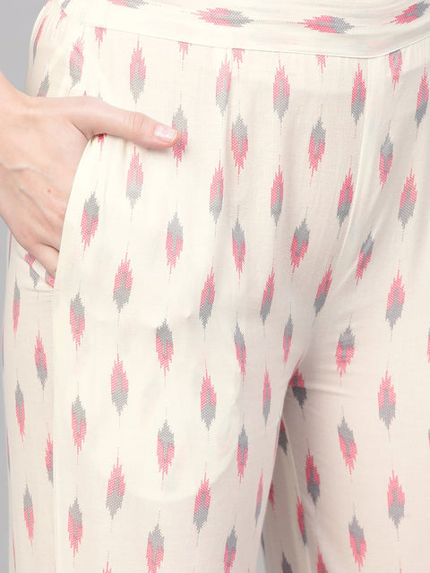 off white & pink floral printed kurta with ikkat printed pallazo & dupatta