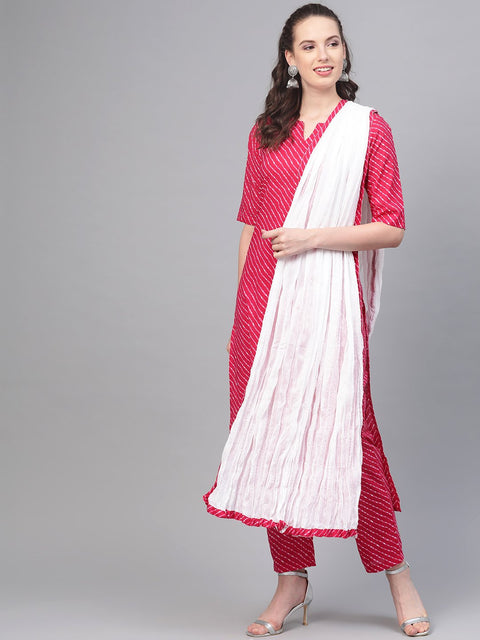 Rani Pink Leheriya printed kurta & pallazo with solid off white crinkled dupatta