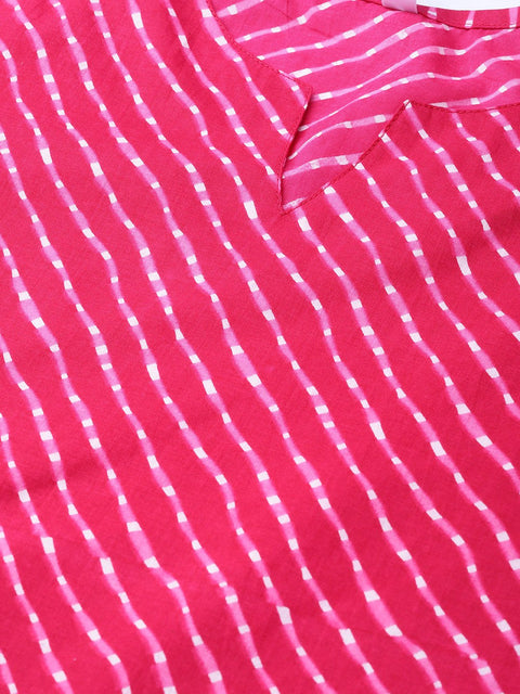 Rani Pink Leheriya printed kurta & pallazo with solid off white crinkled dupatta