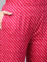 Rani Pink Leheriya printed kurta & pallazo with solid off white crinkled dupatta