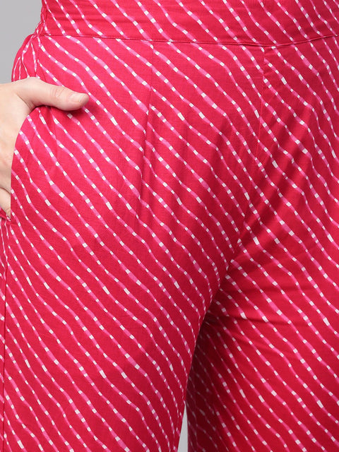 Rani Pink Leheriya printed kurta & pallazo with solid off white crinkled dupatta