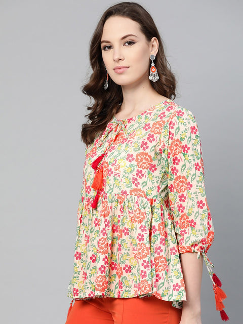 Off white and Multi floral printed top with dori detailing on sleeves