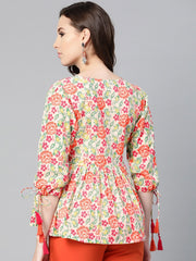 Off white and Multi floral printed top with dori detailing on sleeves