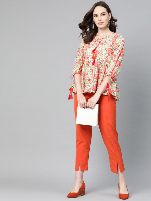 Off white and Multi floral printed top with dori detailing on sleeves