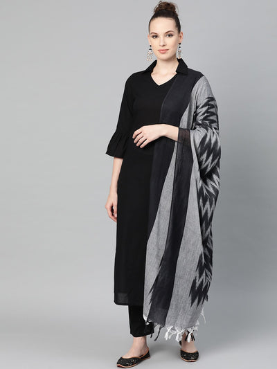 Solid Black Kurta & pallazo with grey & black chevron printed dupatta