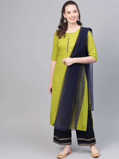 Green gold Printed Straight Kurta set with Navy Blue Palazzo & Net dupatta