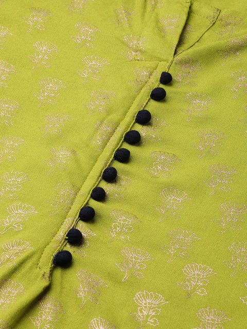 Green gold Printed Straight Kurta set with Navy Blue Palazzo & Net dupatta