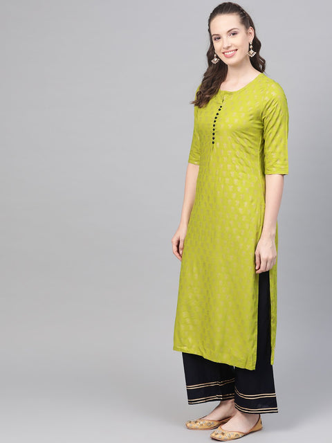 Green gold Printed Straight Kurta set with Navy Blue Palazzo & Net dupatta