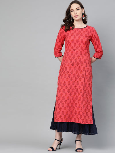 Red printed Straight Kurta with Round Neck & 3/4 sleeves