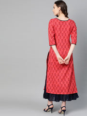 Red printed Straight Kurta with Round Neck & 3/4 sleeves