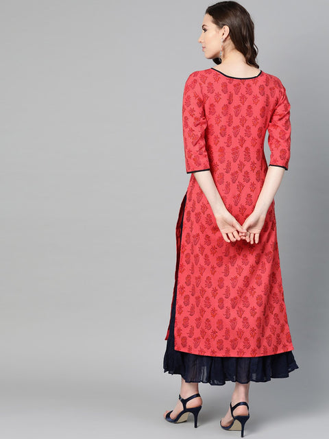 Red printed Straight Kurta with Round Neck & 3/4 sleeves