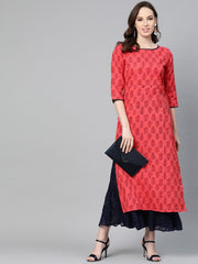 Red printed Straight Kurta with Round Neck & 3/4 sleeves