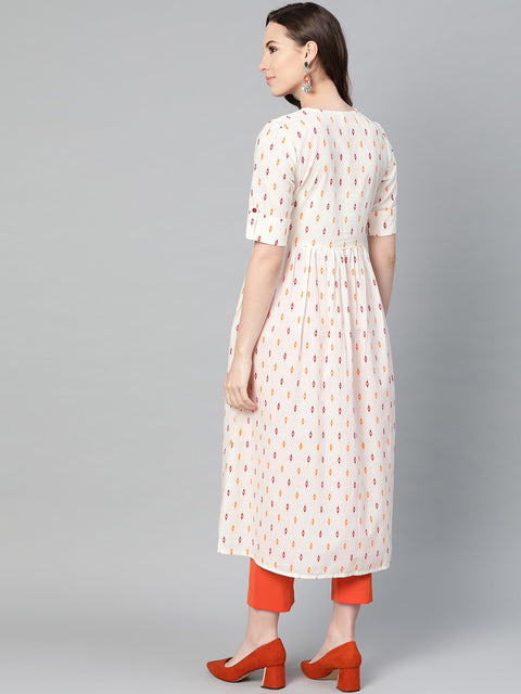 Off-white Multi colored Geometric Printed Maxi dress with Front Placket & Half sleeves