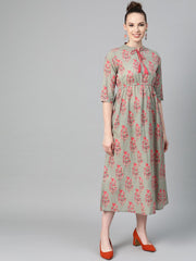 Sage Green Printed Maxi Dress with Mandaroin Collar & 3/4 sleeves
