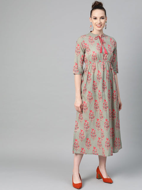 Sage Green Printed Maxi Dress with Mandaroin Collar & 3/4 sleeves