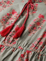 Sage Green Printed Maxi Dress with Mandaroin Collar & 3/4 sleeves