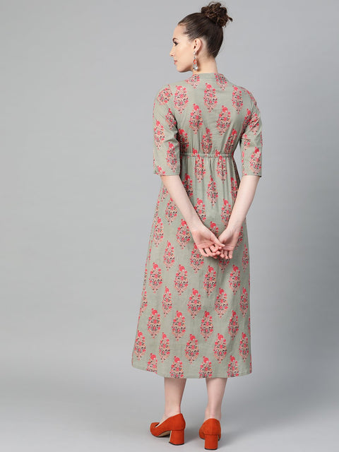 Sage Green Printed Maxi Dress with Mandaroin Collar & 3/4 sleeves