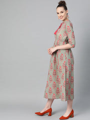 Sage Green Printed Maxi Dress with Mandaroin Collar & 3/4 sleeves