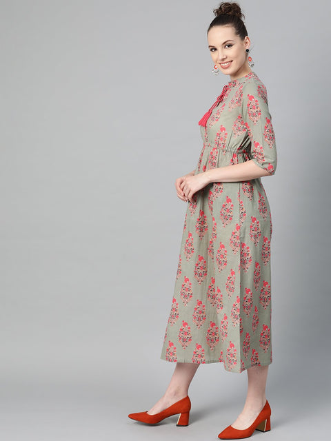 Sage Green Printed Maxi Dress with Mandaroin Collar & 3/4 sleeves