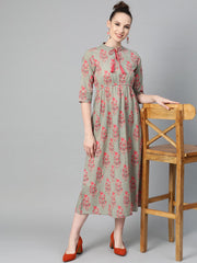 Sage Green Printed Maxi Dress with Mandaroin Collar & 3/4 sleeves