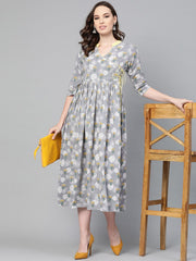 Grey Floral printed Multi colored Maxi dress with Mandarin collar & 3/4 sleeves