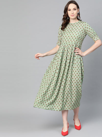 Green Floral printed Maxi dress with Round Neck & gota detailing on sleeves