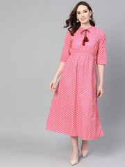 Pink Floral Printed Maxi dress with Chinese collar & 3/4 sleeves