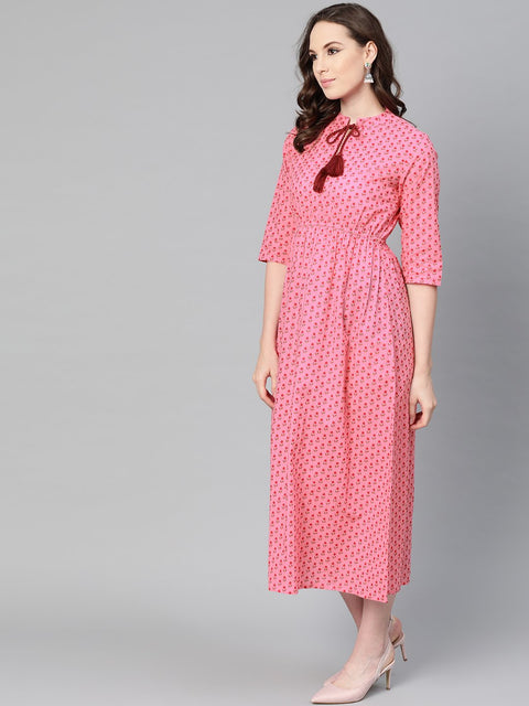 Pink Floral Printed Maxi dress with Chinese collar & 3/4 sleeves
