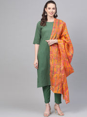 Solid Green Straight Kurta set with Pants & Multi colored Dupatta