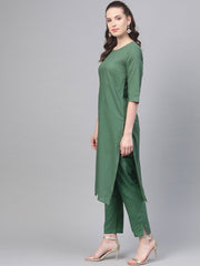Solid Green Straight Kurta set with Pants & Multi colored Dupatta