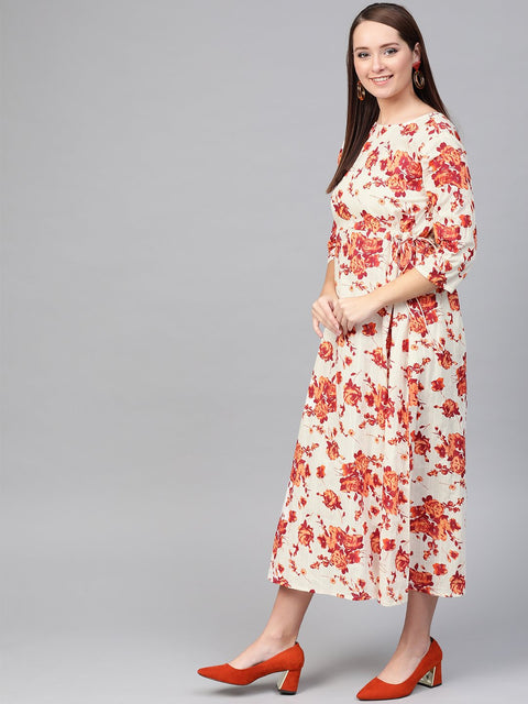 Nayo Women Off White & Orange Floral Printed Maxi Dress