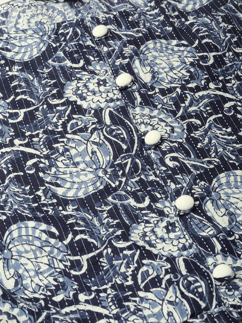 Nayo Women Navy Blue & Cream Floral Printed Maxi Dress