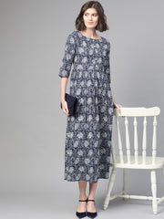 Nayo Women Navy Blue & Cream Floral Printed Maxi Dress