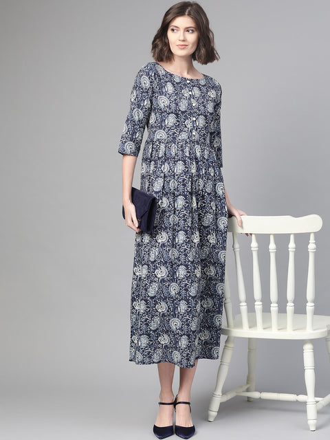 Nayo Women Navy Blue & Cream Floral Printed Maxi Dress