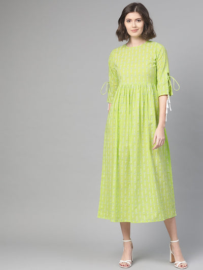 Nayo Women Lime Green & White Ethnic Motifs Printed Maxi Dress