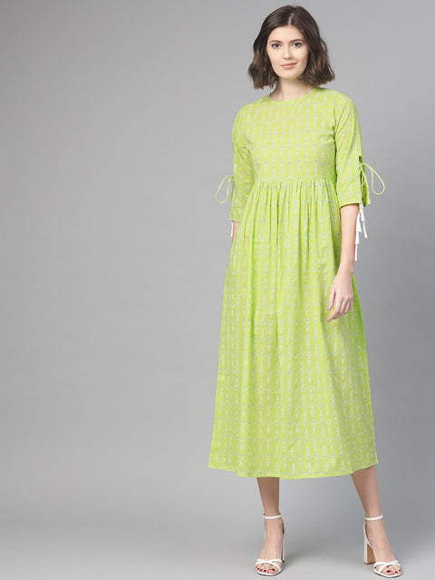 Nayo Women Lime Green & White Ethnic Motifs Printed Maxi Dress