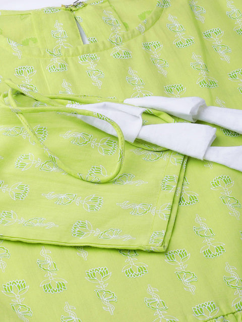 Nayo Women Lime Green & White Ethnic Motifs Printed Maxi Dress