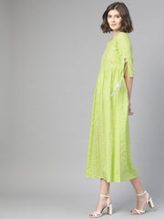 Nayo Women Lime Green & White Ethnic Motifs Printed Maxi Dress