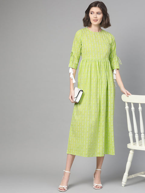 Nayo Women Lime Green & White Ethnic Motifs Printed Maxi Dress