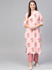 Nayo Women Pink & Green Cotton Straight Floral Printed Kurta