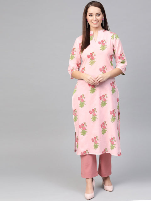 Nayo Women Pink & Green Cotton Straight Floral Printed Kurta