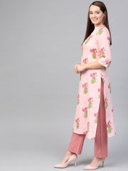 Nayo Women Pink & Green Cotton Straight Floral Printed Kurta