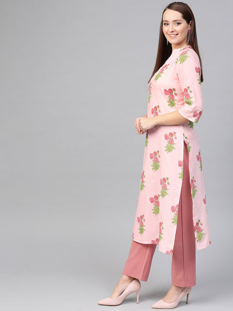 Nayo Women Pink & Green Cotton Straight Floral Printed Kurta