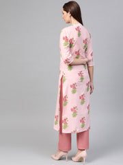Nayo Women Pink & Green Cotton Straight Floral Printed Kurta