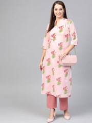 Nayo Women Pink & Green Cotton Straight Floral Printed Kurta