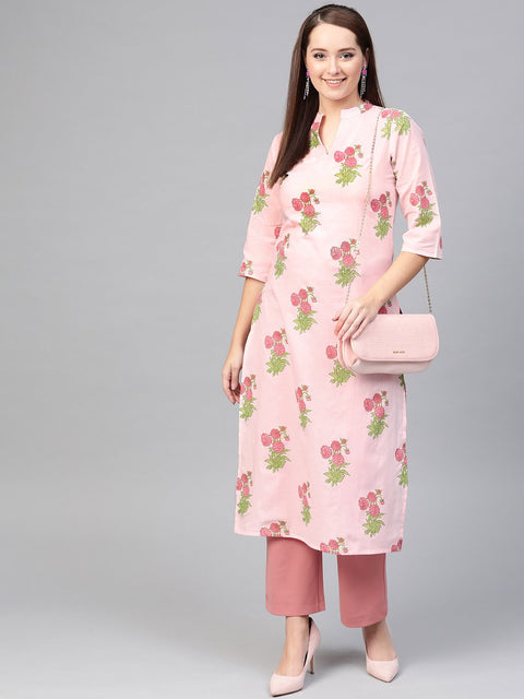 Nayo Women Pink & Green Cotton Straight Floral Printed Kurta