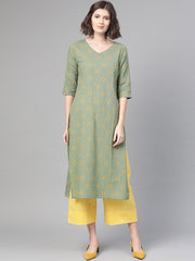 Nayo Women Green & Yellow Cotton Straight Floral Printed Kurta