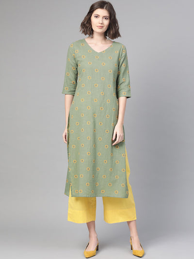Nayo Women Green & Yellow Cotton Straight Floral Printed Kurta