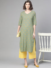 Nayo Women Green & Yellow Cotton Straight Floral Printed Kurta